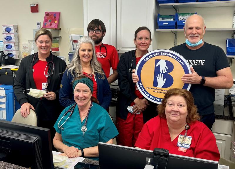 Grateful patient Steve Menz shares his thanks with some of the superstars at Beebe’s Cardiac Rehab on the Rehoboth Health Campus. Shown are in back (l-r) Leigh Ann Burke, RN; Sue Ann Newsham, RN; Steve Eshelman, EP; Jen Kozusko, RN; and Menz. In front are Elizabeth Holland, RN; and Jan Glasscock, RN. SUBMITTED PHOTO